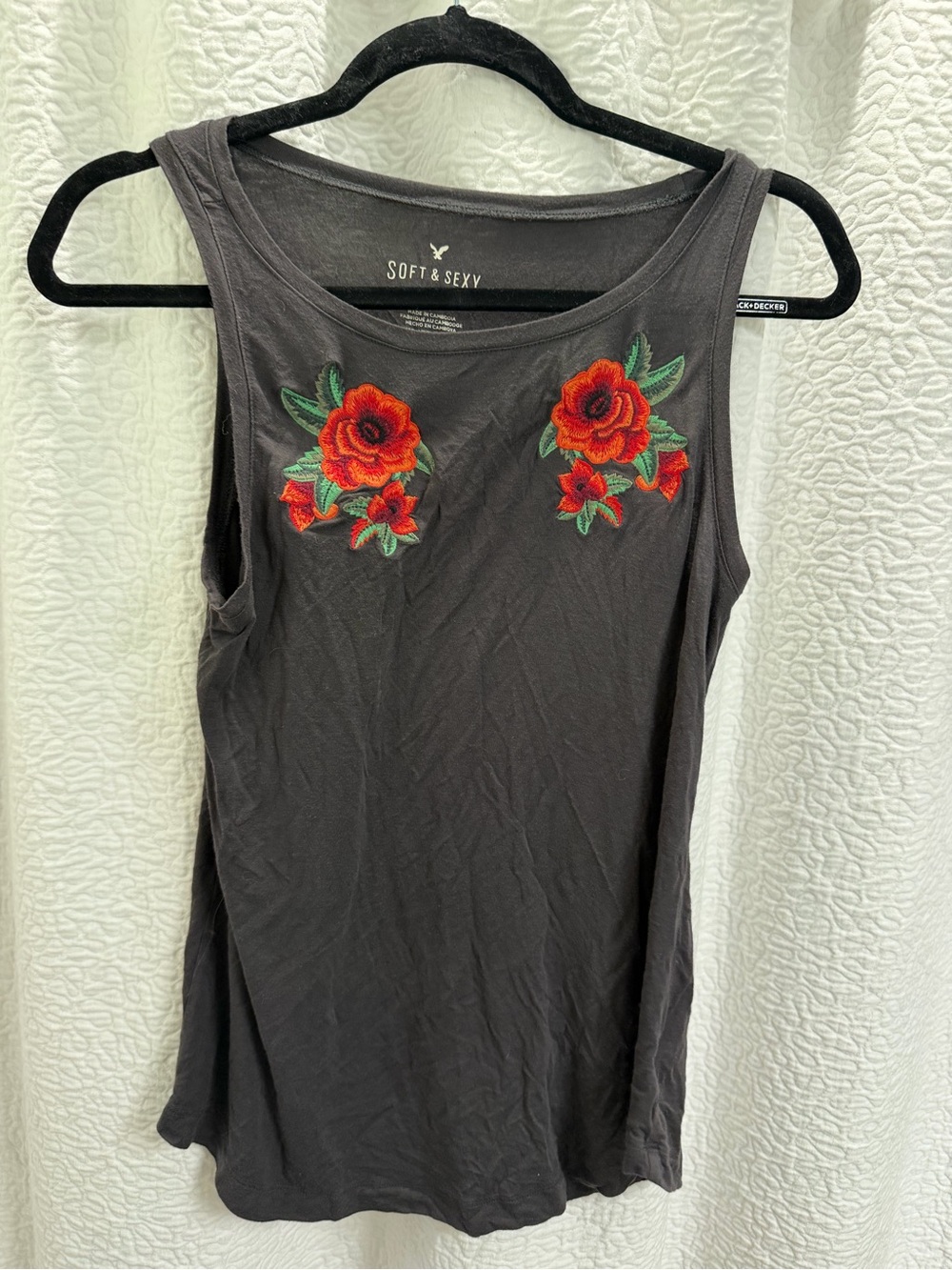 American Eagle Outfitters Black Tank with Red Rose Embroidery